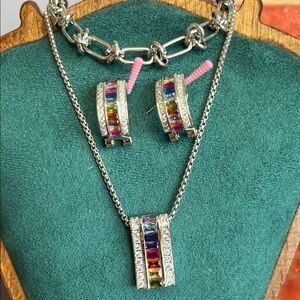 Multicolor Rainbow Gems CZ Pendant Necklace & Hoop Earring Set - Silver